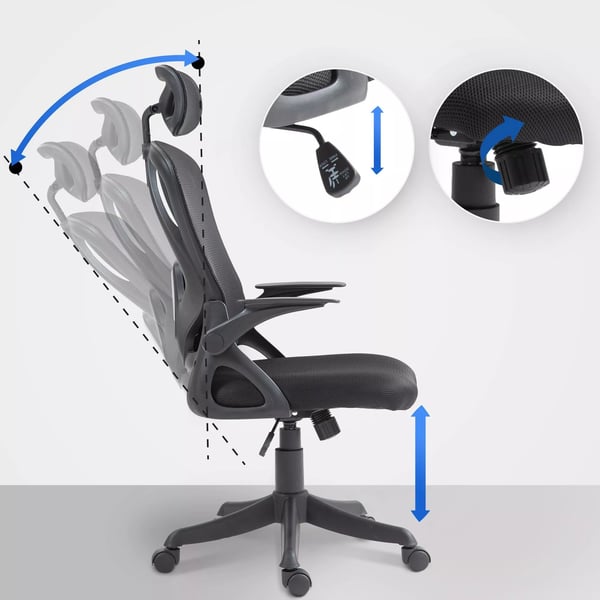 Taos Ergonomisk Kontorstol, Sort Stof Mesh Ryglæn, Justerbar Lændestøtte & Nakkestøtte, Plastik Base