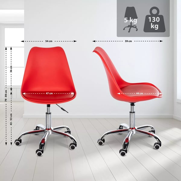 Laflin Rød Arbejdsstol i Plast med Metalstel, 360° Drejefunktion, Højdejusterbar (43-53cm), 130kg Kapacitet, Moderne Design