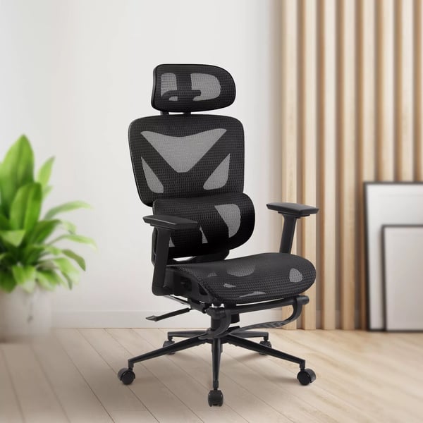 Ergonomisk kontorstol med nakkestøtte, 3D-armlæn, fodstøtte - Sort netstof og metalramme