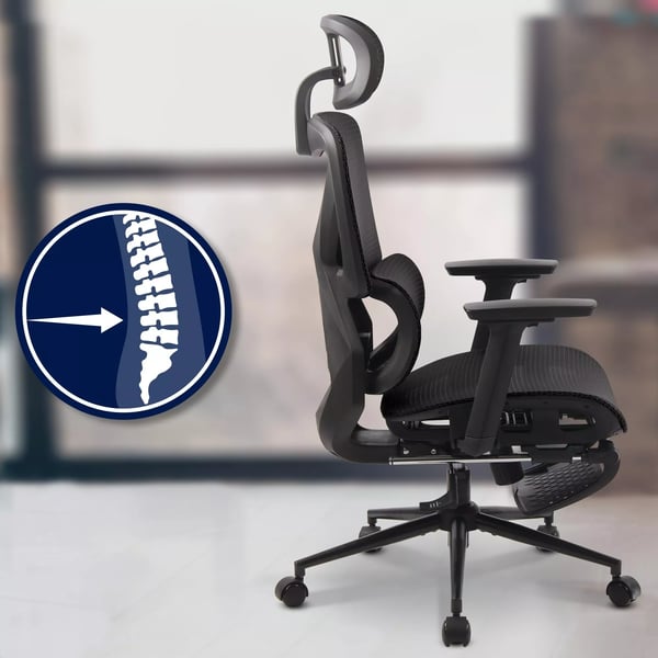 Ergonomisk kontorstol med nakkestøtte, 3D-armlæn, fodstøtte - Sort netstof og metalramme