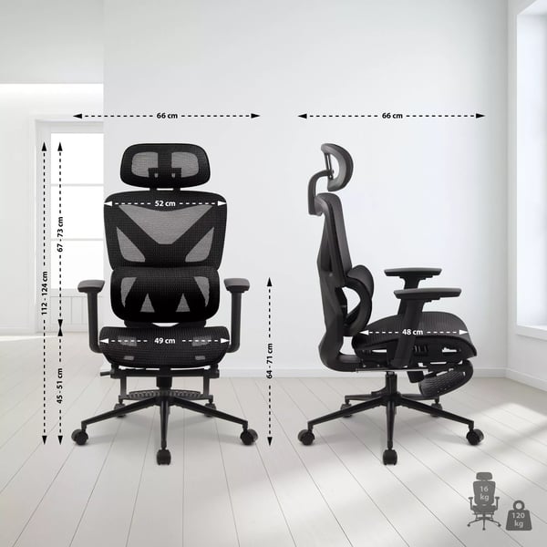 Ergonomisk kontorstol med nakkestøtte, 3D-armlæn, fodstøtte - Sort netstof og metalramme