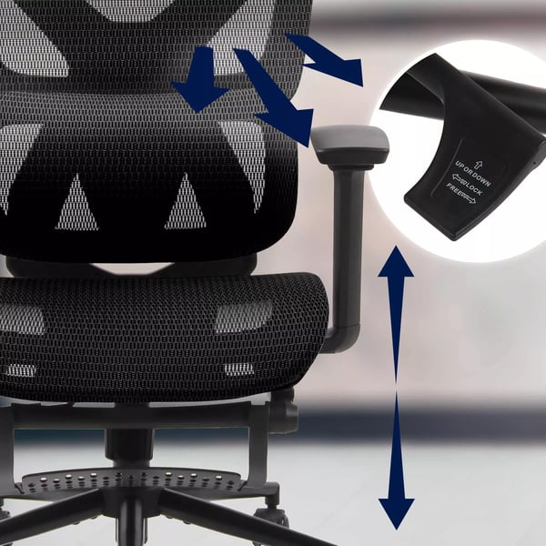 Ergonomisk kontorstol med nakkestøtte, 3D-armlæn, fodstøtte - Sort netstof og metalramme