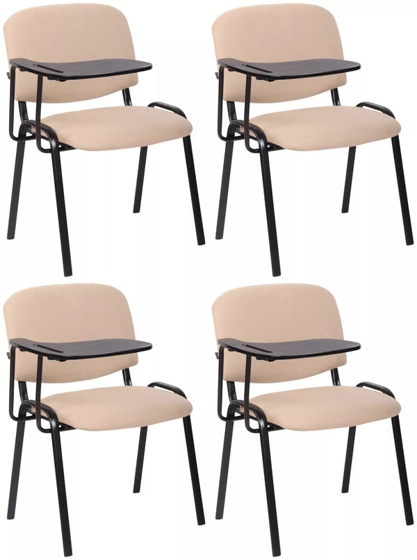 Sæt med 4 cremefarvede stofstole med klapbord og matsort metalramme