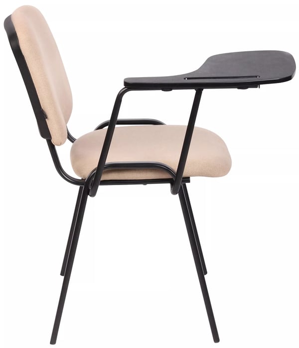 Sæt med 4 cremefarvede stofstole med klapbord og matsort metalramme