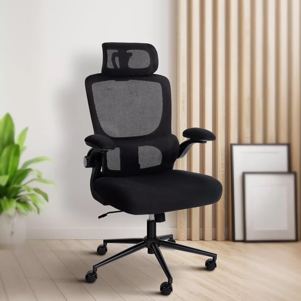 Newberg työtuoli, musta kangas, ergonominen, säädettävä pääntuki ja ristiseläntuki