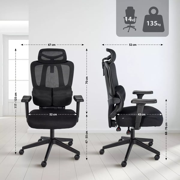 Altamont Ergonomisk Kontorstol med Lændestøtte, Nakkestøtte og 3D Armlæn - Sort Stof & Mesh