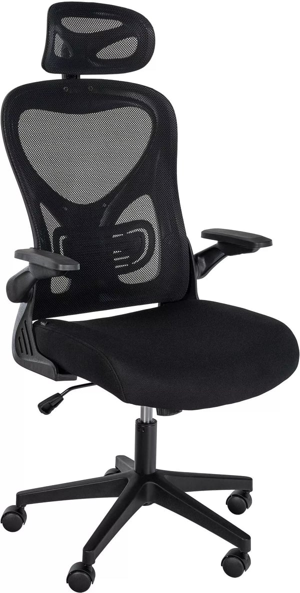Roseburg stofkontorstol med matsort metalbase, sort - ergonomisk, justerbar nakkestøtte og lændestøtte, drejelig, netryg, maks. belastning 120 kg
