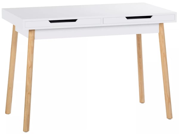 Porto træskrivebord med 2 skuffer, hvid MDF-bordplade, egetræsben, 110/140 cm bredde