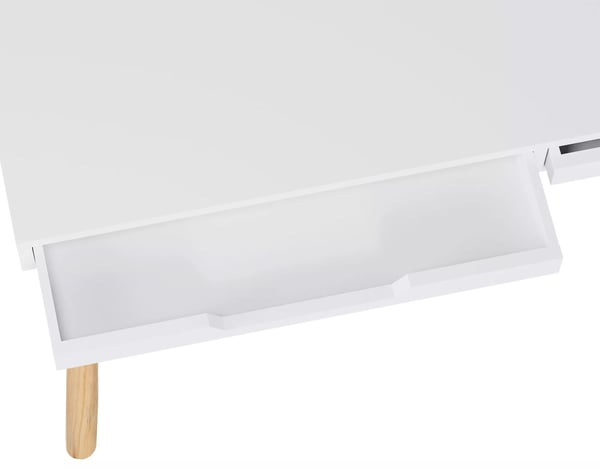 Porto træskrivebord med 2 skuffer, hvid MDF-bordplade, egetræsben, 110/140 cm bredde