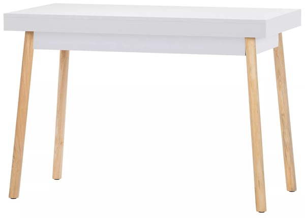 Porto træskrivebord med 2 skuffer, hvid MDF-bordplade, egetræsben, 110/140 cm bredde