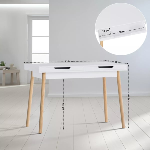 Porto træskrivebord med 2 skuffer, hvid MDF-bordplade, egetræsben, 110/140 cm bredde