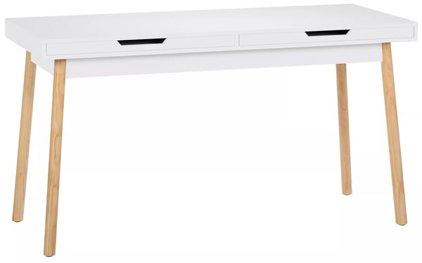 Porto Työpöytä 140 cm, Valkoinen MDF, Tammipuu-jalat, 2 laatikkoa