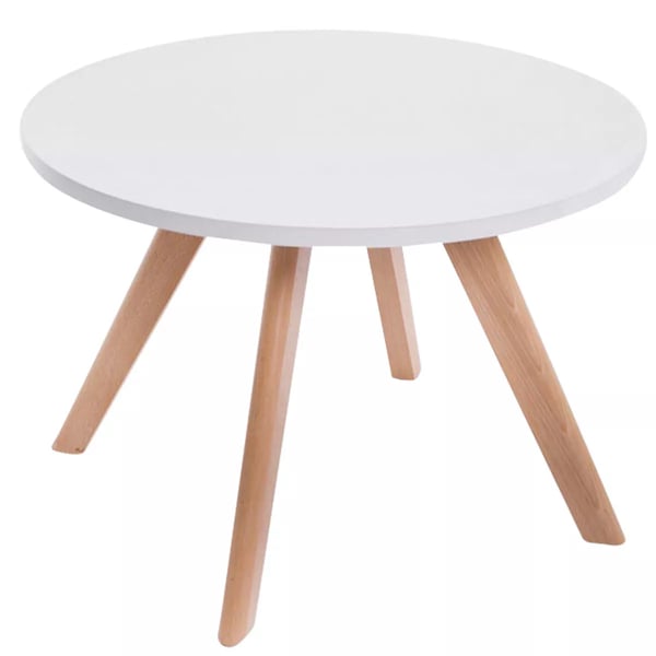 Eirik rundt sidebord i træ - Ben i naturtræ og mat hvid top (60 cm diameter)