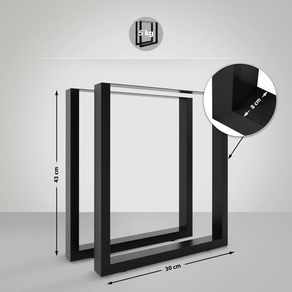 2x Pöydänjalat Velden 30 cm, Musta Metallinen Sohvapöytän Jalka, 43 cm Korkea