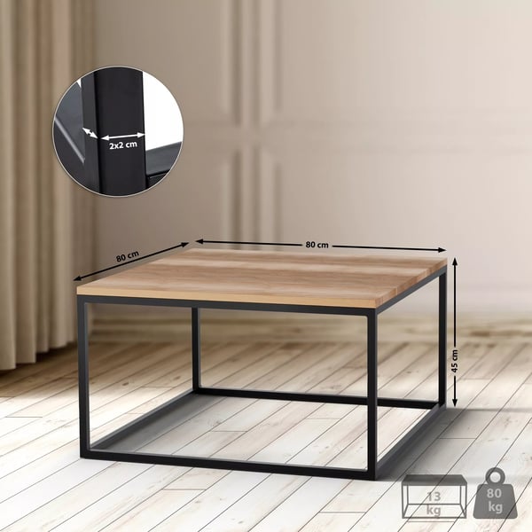 Manteo sofabord i egetræ med mat sort metalramme, 80x80x45 cm