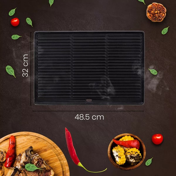 Antracit Emaljeret Støbejerns Grillplade - 48,5 x 32 cm, Vendbar Riflet & Glat Side