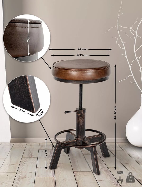 Destin justerbar barstol i industriel stil med sæde i imiteret læder i bronze, metalstel - 44-63 cm H
