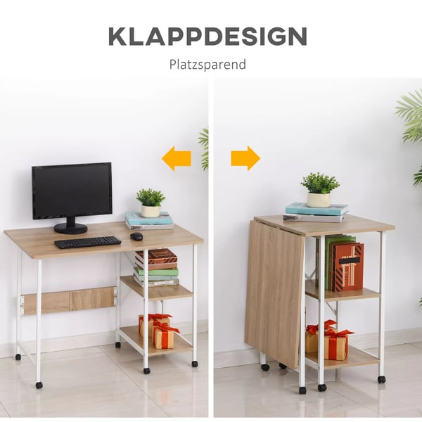 Taitettava työpöytä pyörillä, MDF, valkoinen/luonnollinen, 107x55x76cm