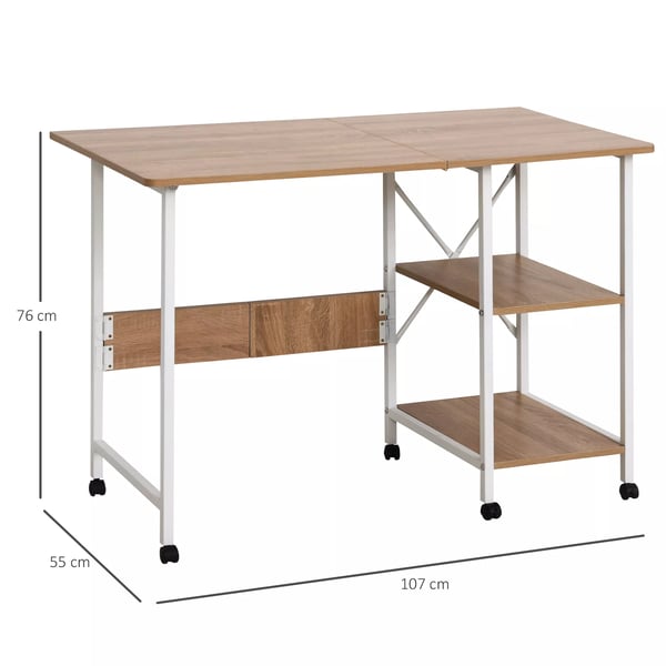 Taitettava työpöytä pyörillä, MDF, valkoinen/luonnollinen, 107x55x76cm