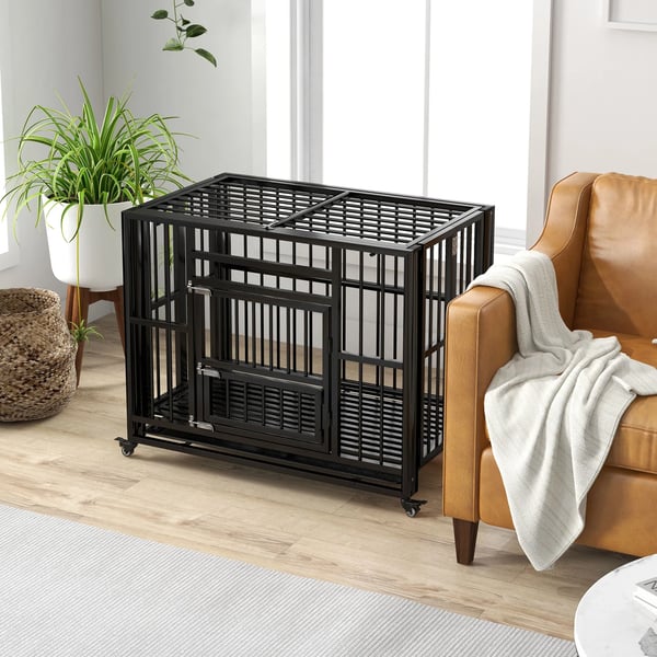 hundebur, hundekasse med dobbeltdøre, hundehytte, hjul, hundehus, stål, sort, 94 x 58 x 78 cm