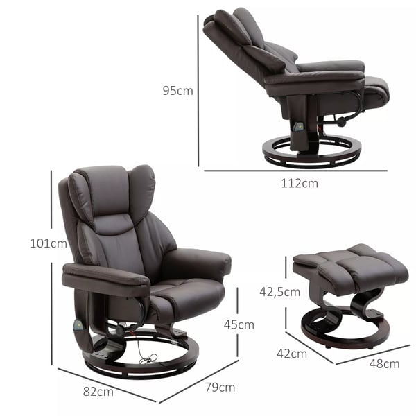 HOMCOM afslapningsstol massagestol lænestol med fodskammel, hvilefunktion kunstlæder brun 79 x 82 x 101 cm