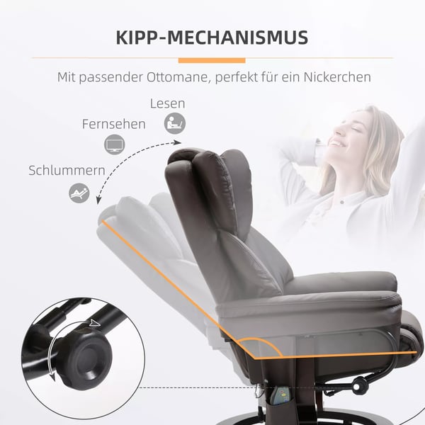 HOMCOM afslapningsstol massagestol lænestol med fodskammel, hvilefunktion kunstlæder brun 79 x 82 x 101 cm