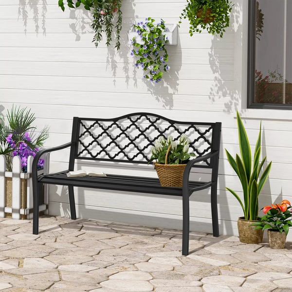 Outsunny havebænk til 2 personer, elegant parkbænk i metal, op til 240 kg, med ryg- & armlæn, støbejern, sort, 128x58,5x89 cm