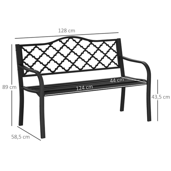 Outsunny havebænk til 2 personer, elegant parkbænk i metal, op til 240 kg, med ryg- & armlæn, støbejern, sort, 128x58,5x89 cm