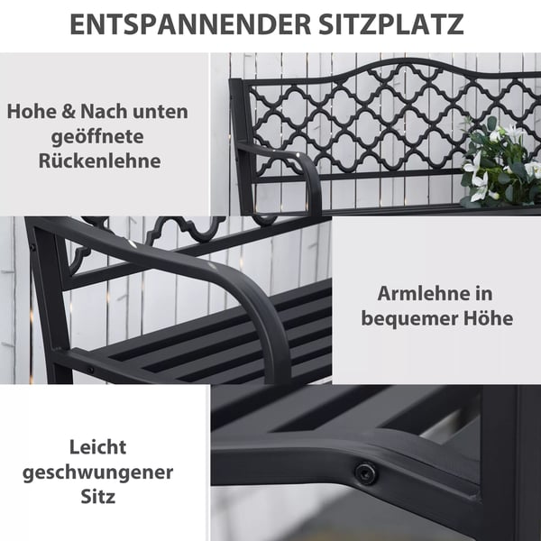 Outsunny havebænk til 2 personer, elegant parkbænk i metal, op til 240 kg, med ryg- & armlæn, støbejern, sort, 128x58,5x89 cm