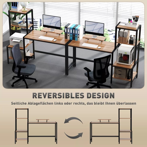Skrivebord med monitorstander og 4 hylder, brun, 150 x 48 x 125 cm