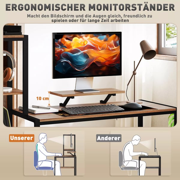Skrivebord med monitorstander og 4 hylder, brun, 150 x 48 x 125 cm