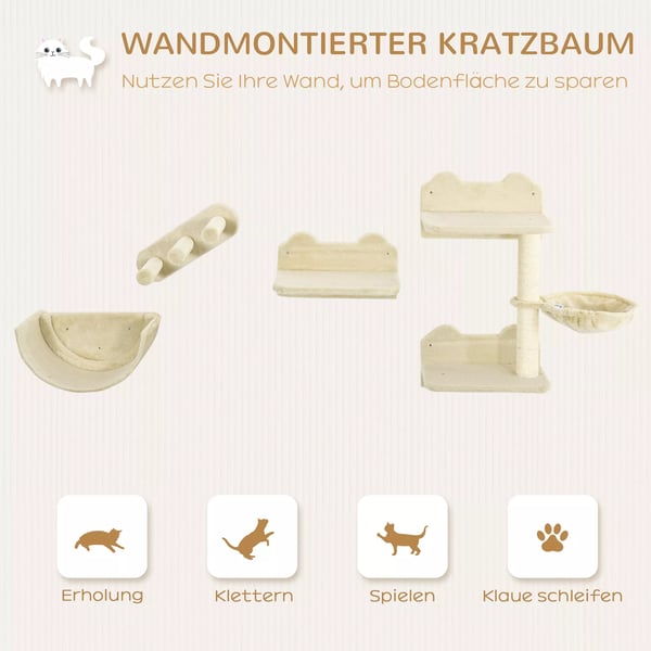 PawHut Vægmonteret Katteklatrelegetøj Sæt: 4 dele med platforme, trappe og kurv, beige spånplade og polyester