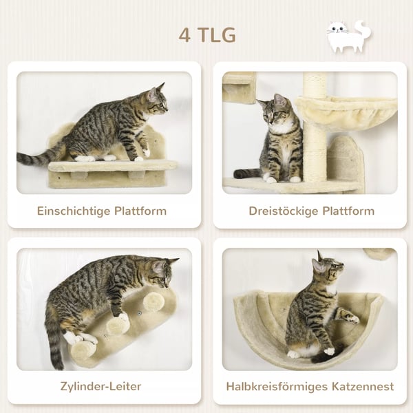 PawHut Vægmonteret Katteklatrelegetøj Sæt: 4 dele med platforme, trappe og kurv, beige spånplade og polyester