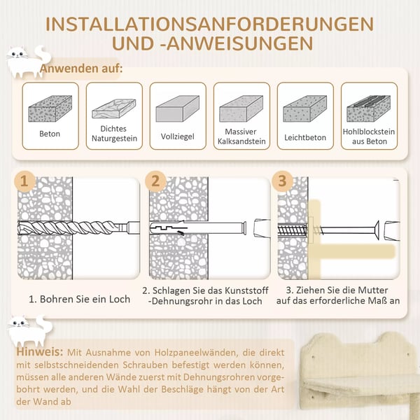 PawHut Vægmonteret Katteklatrelegetøj Sæt: 4 dele med platforme, trappe og kurv, beige spånplade og polyester