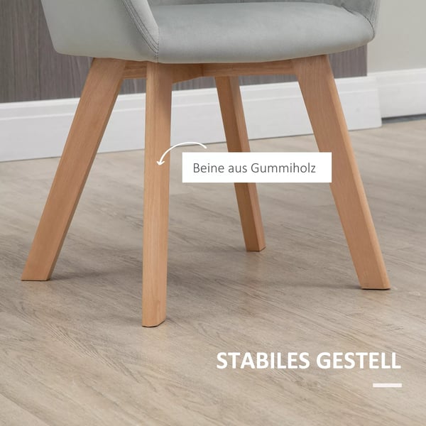 HOMCOM spisestole sæt af 2 køkkenstole med arm- og ryglæn, fløjlslook polstring, træben, grå