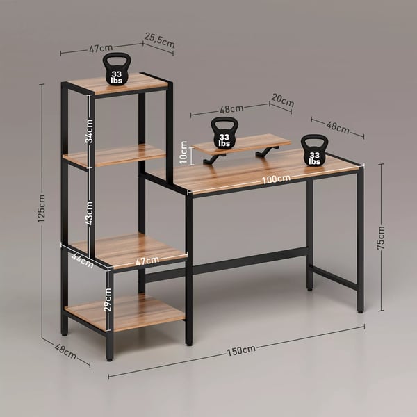 Skrivebord med monitorstander og 4 hylder, brun, 150 x 48 x 125 cm