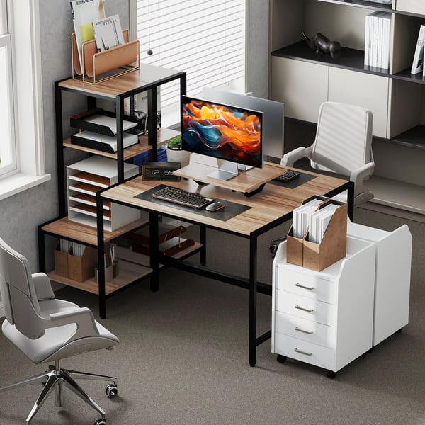 Skrivebord med monitorstander og 4 hylder, brun, 150 x 48 x 125 cm