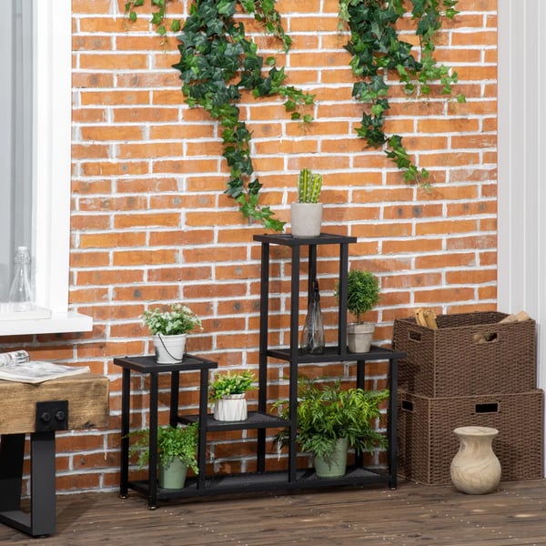 Outsunny Blomsterreol - Metal, Sort, 4 Niveauer, 91x25x83cm