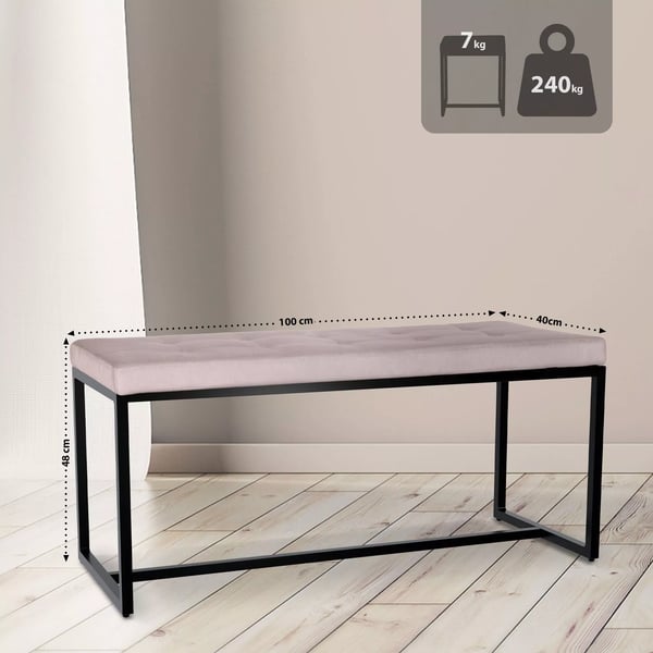Barci B Lysegrå Fløjlsbænk med Mat Sort Metalramme, 100 cm Bredde