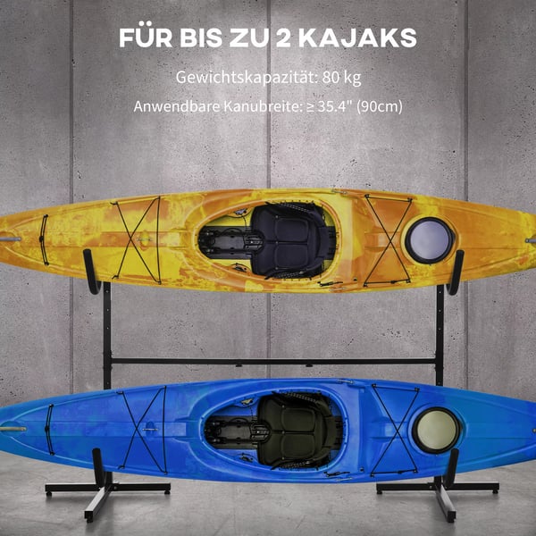 SPORTNOW kanostativ, kajakholder, justerbart kajakstativ til 2 kajakker, surfboards, stand-up paddleboards, polstrede bøjler, metal