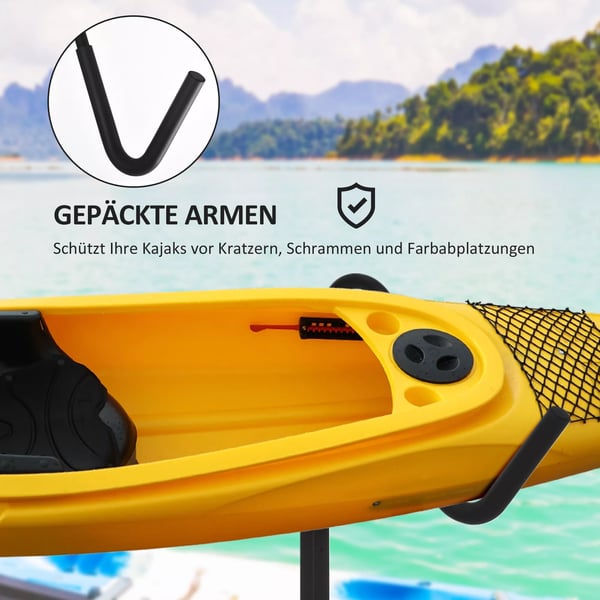 SPORTNOW kanostativ, kajakholder, justerbart kajakstativ til 2 kajakker, surfboards, stand-up paddleboards, polstrede bøjler, metal