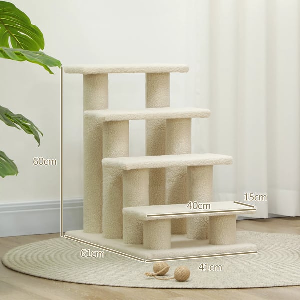 PawHut Kæledyrestrappe Hund Kat 4 Trin Plys Beige 63,5x43x60cm