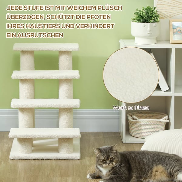 PawHut Kæledyrestrappe Hund Kat 4 Trin Plys Beige 63,5x43x60cm