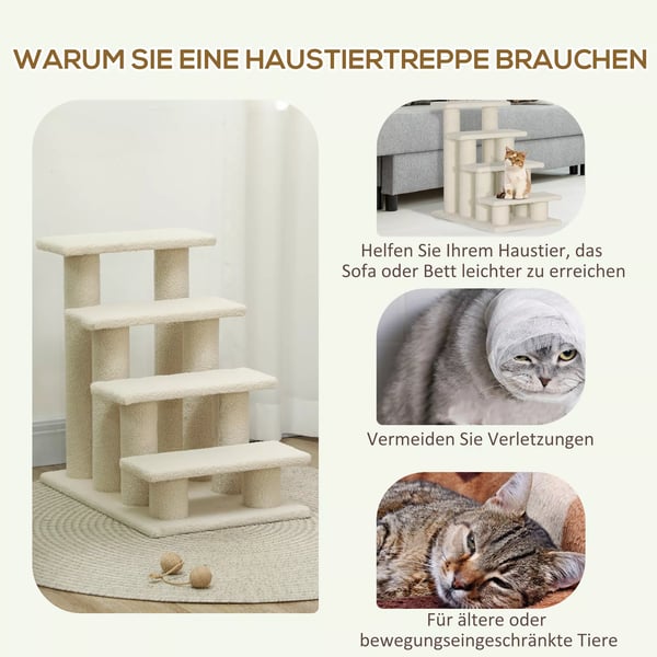 PawHut Kæledyrestrappe Hund Kat 4 Trin Plys Beige 63,5x43x60cm