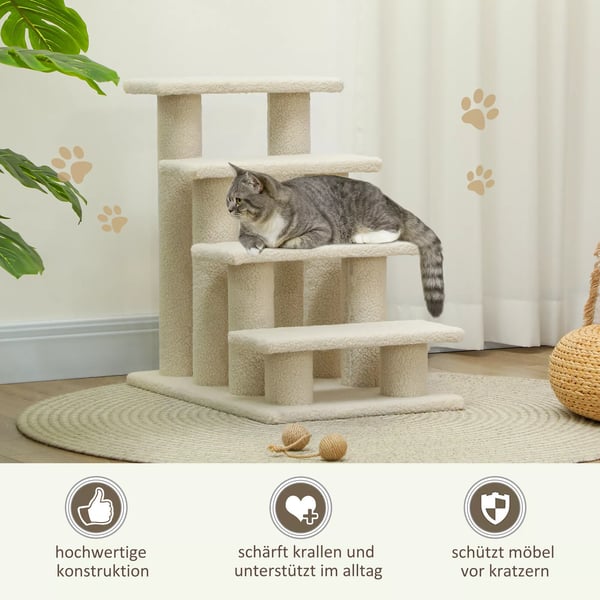PawHut Kæledyrestrappe Hund Kat 4 Trin Plys Beige 63,5x43x60cm