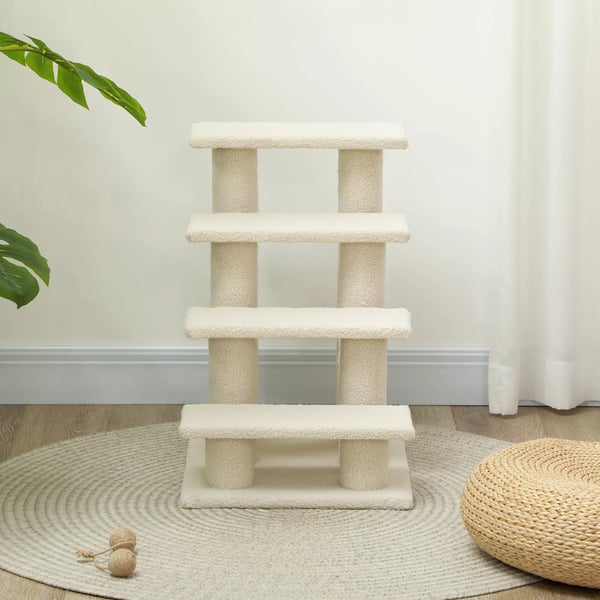 PawHut Kæledyrestrappe Hund Kat 4 Trin Plys Beige 63,5x43x60cm
