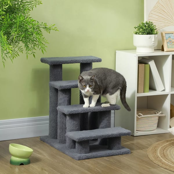PawHut Kæledyrstrappe 4 Trin - Grå Spånplade & Plys - Til Katte & Hunde, 63,5x43x60cm