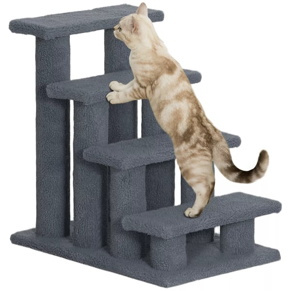 PawHut Kæledyrstrappe 4 Trin - Grå Spånplade & Plys - Til Katte & Hunde, 63,5x43x60cm