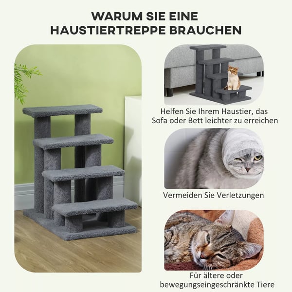 PawHut Kæledyrstrappe 4 Trin - Grå Spånplade & Plys - Til Katte & Hunde, 63,5x43x60cm