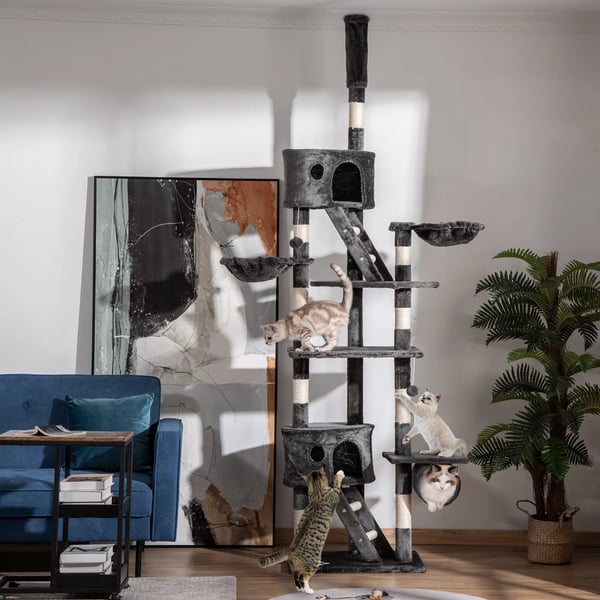 kradsetræ til katte 240-260 cm loftshøjt, stort kradsetræ, klatretræ til katte, kradsetræ til store katte med sisalreb, mørkegrå